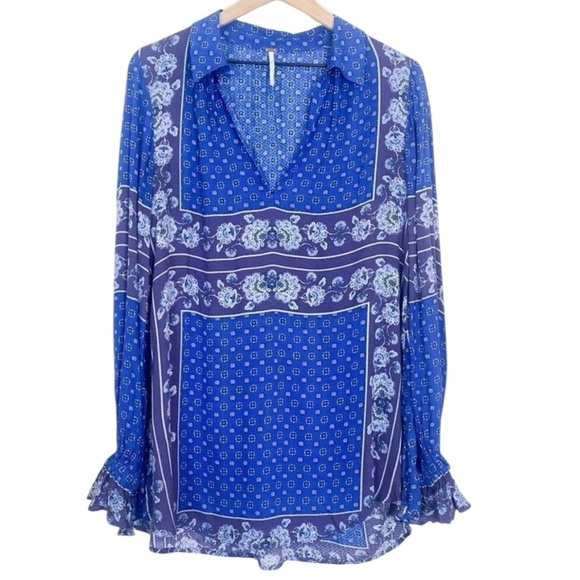 Free People Blue Changing Times Long Sleeve Tunic Top Boho Bandana Print Sz L - Picture 2 of 11
